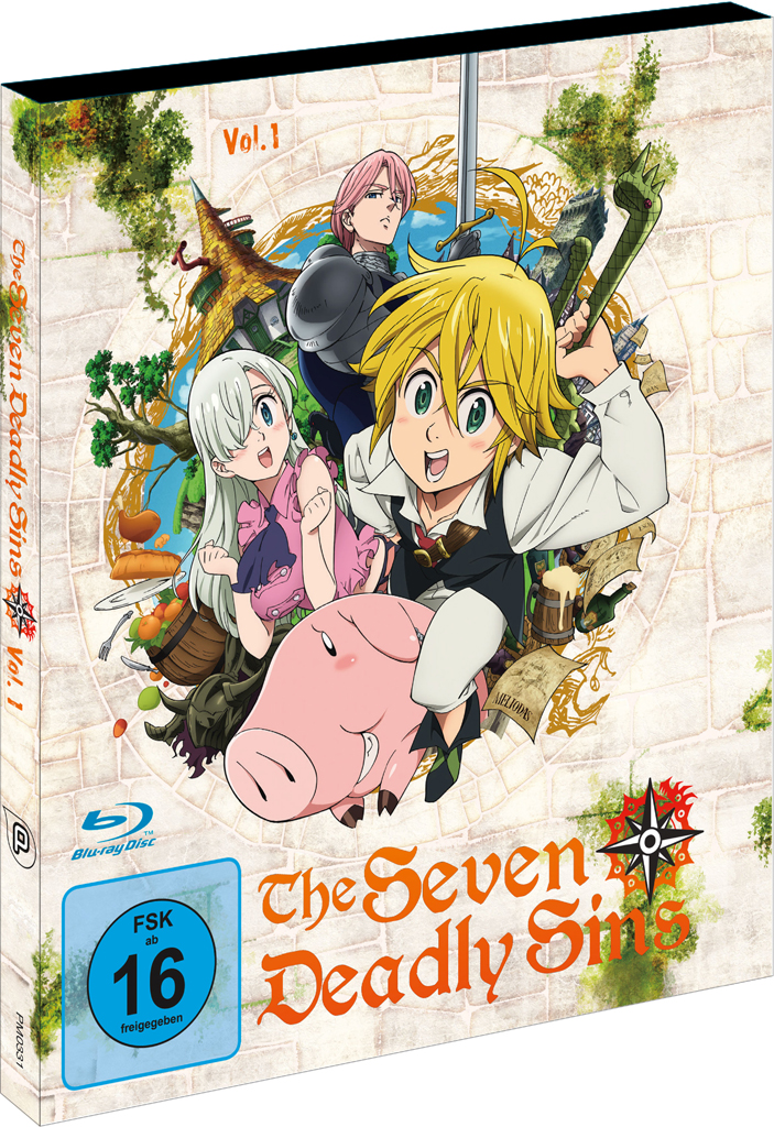 The Seven Deadly Sins Vol. 1 Blu-ray-Cover mit Anime-Charakteren, einem rosa Schwein und einem Schwert.