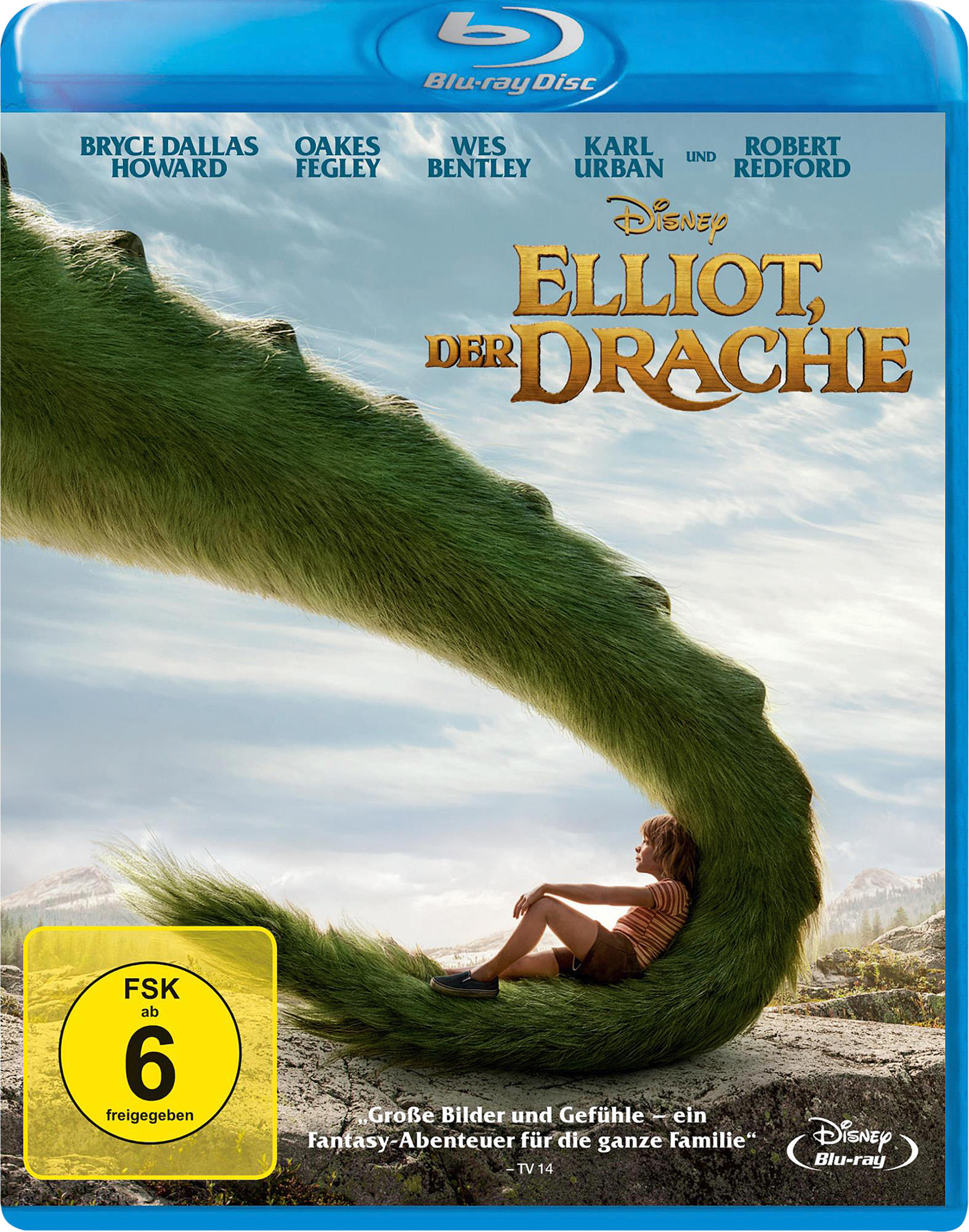 Blu-ray-Cover für 'Elliot, The Dragon'. Ein Kind sitzt in der Nähe des Schwanzes eines grünen Drachen. Namen der Darsteller und Filmtitel sind sichtbar.