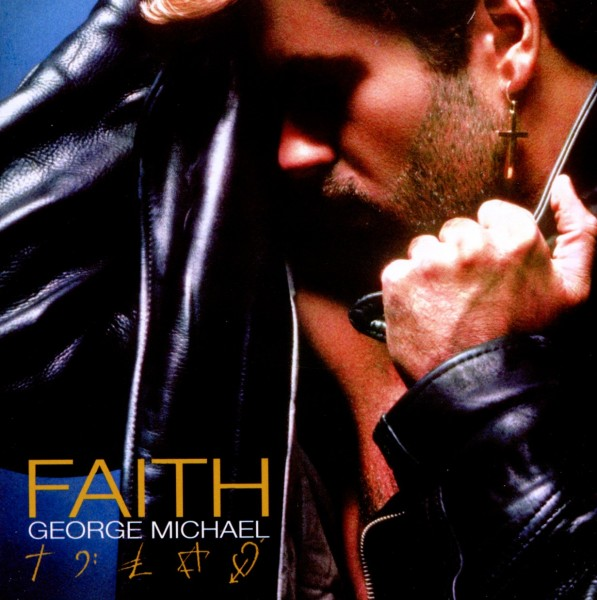 Albumcover, George Michael in Lederjacke, hält den Kragen. Text 'Faith' und anderer Text.