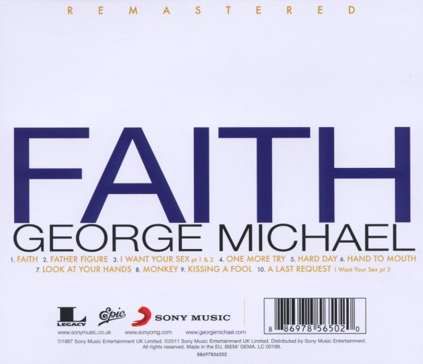 George Michaels Faith CD. Text listet Songs und Credits auf.