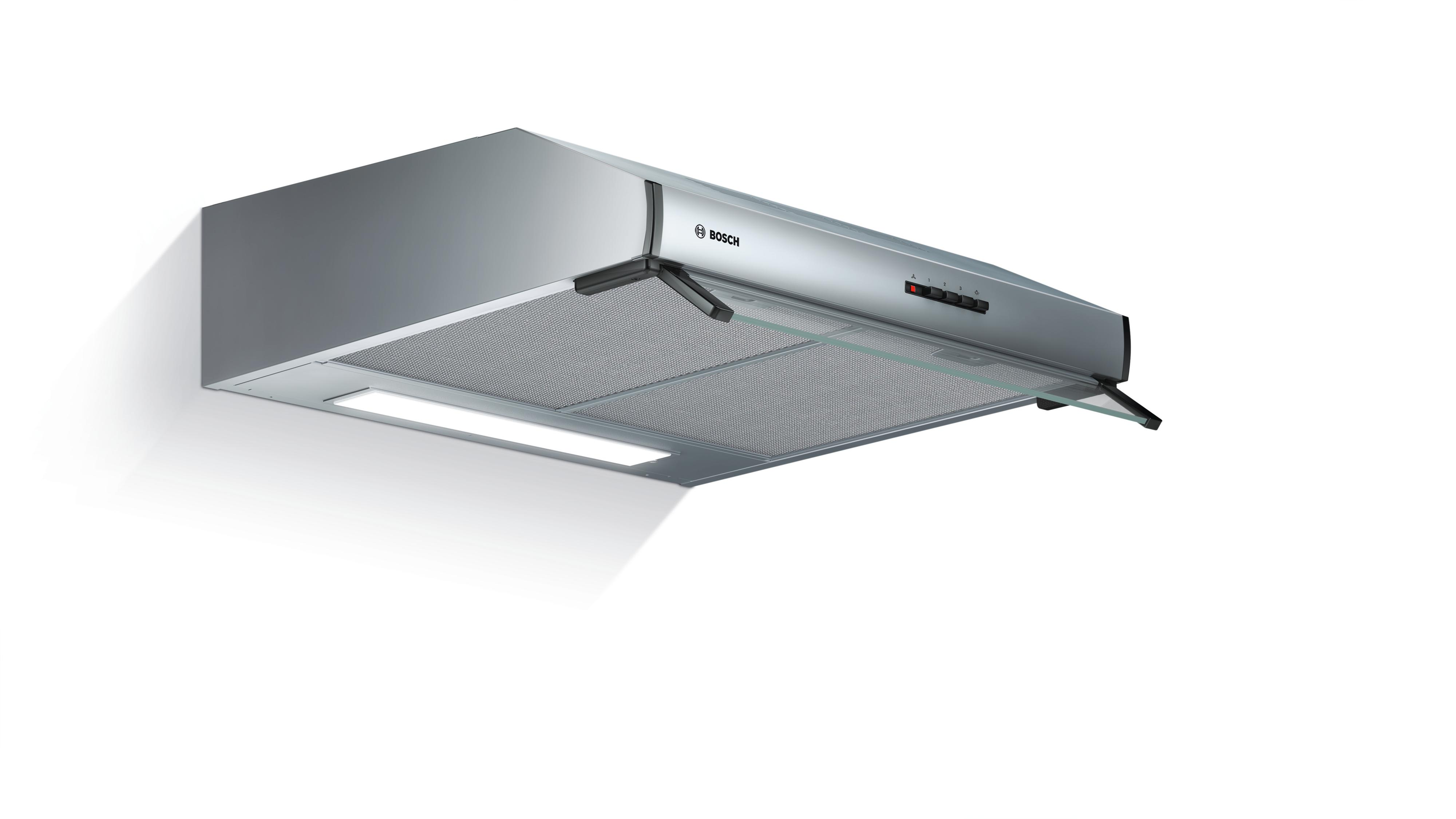 Silver kitchen hood with a Bosch logo and controls against a white background.