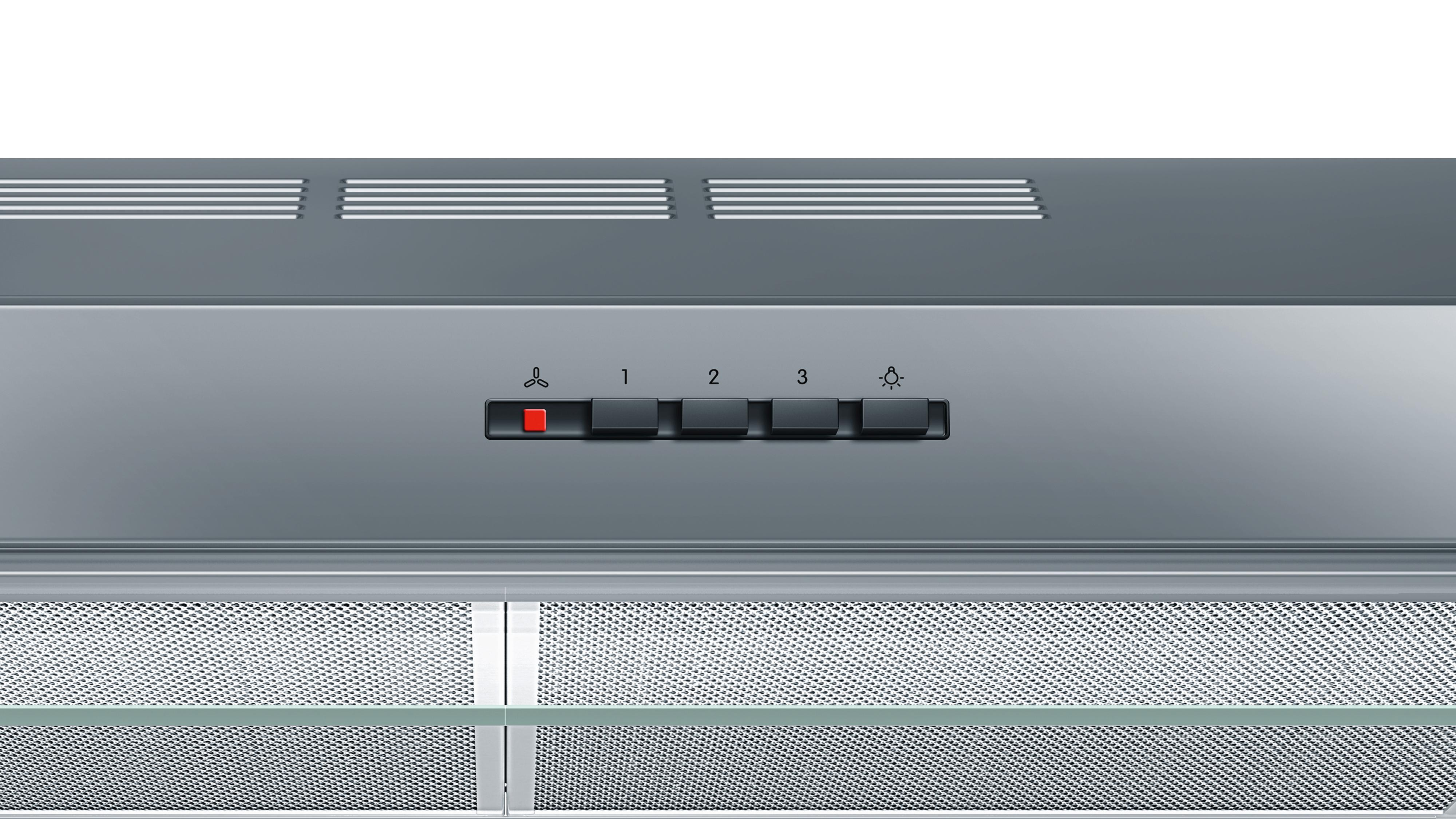 Stainless steel range hood with control buttons for fan speed and light.