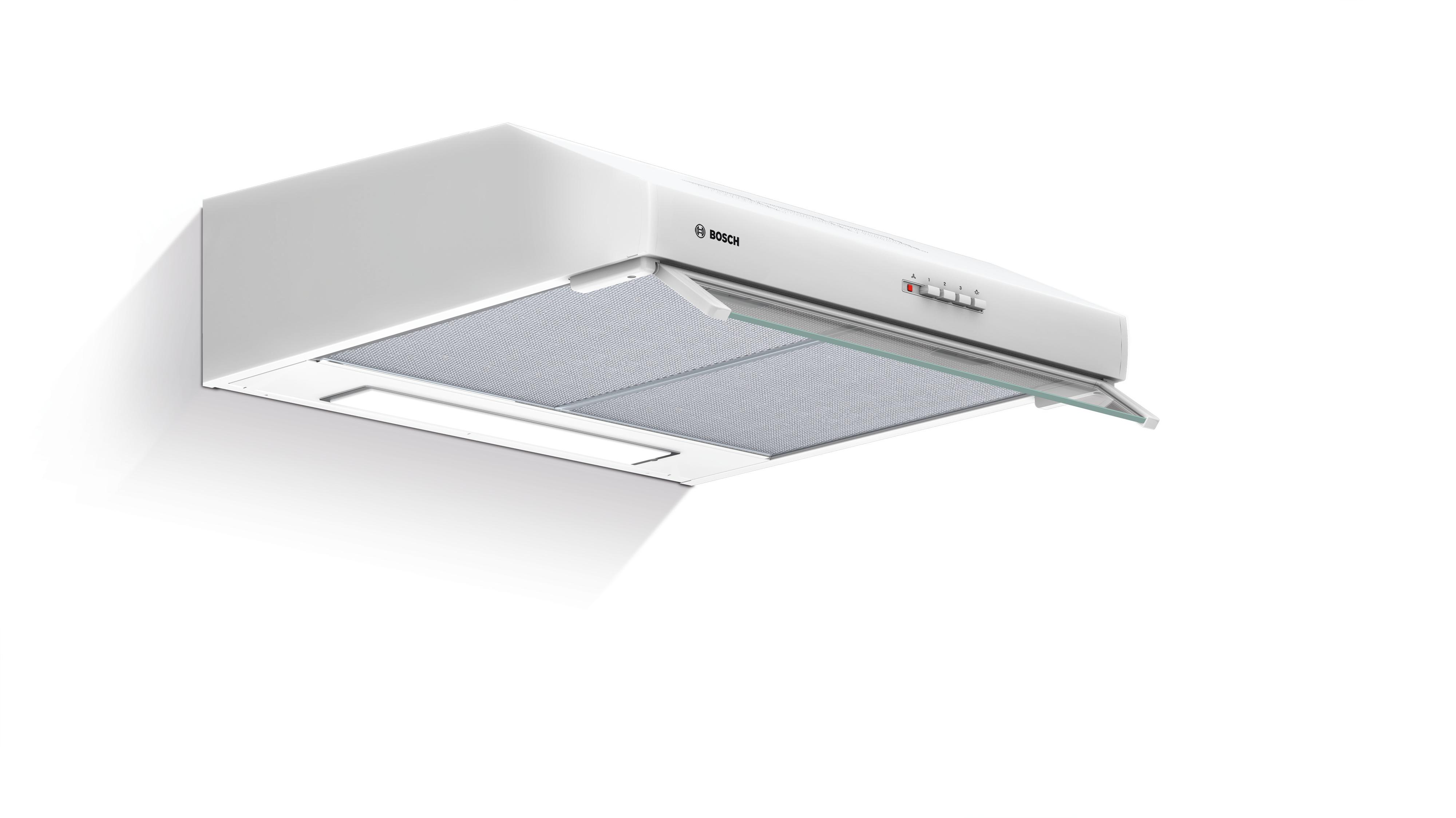 White range hood with Bosch logo, glass front, and control buttons. Lit from below.