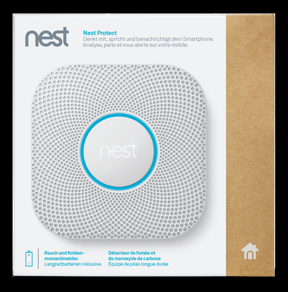 Nest Protect Rauch- und Kohlenmonoxidmelder in weißer Verpackung mit blauem Leuchtring.