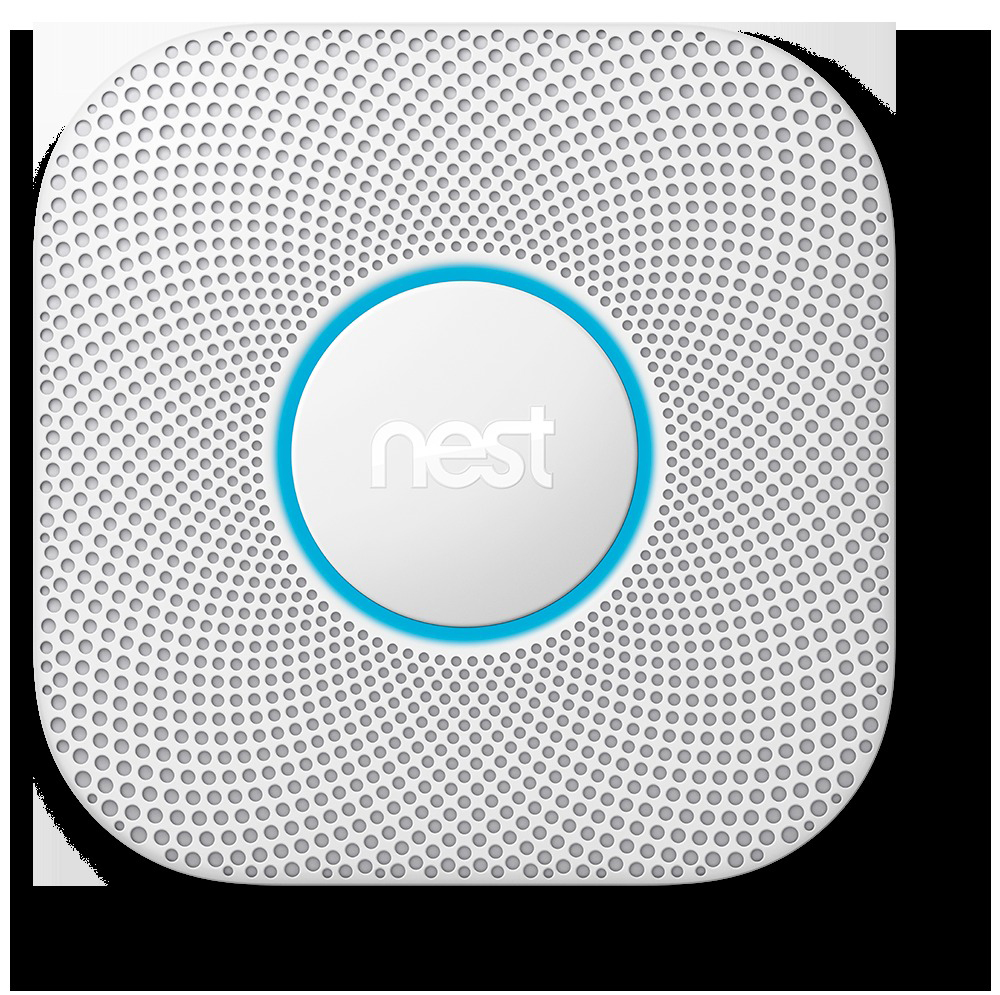 Weißer Nest Rauchmelder mit einem blauen leuchtenden Ring in der Mitte und vielen Perforationslöchern.
