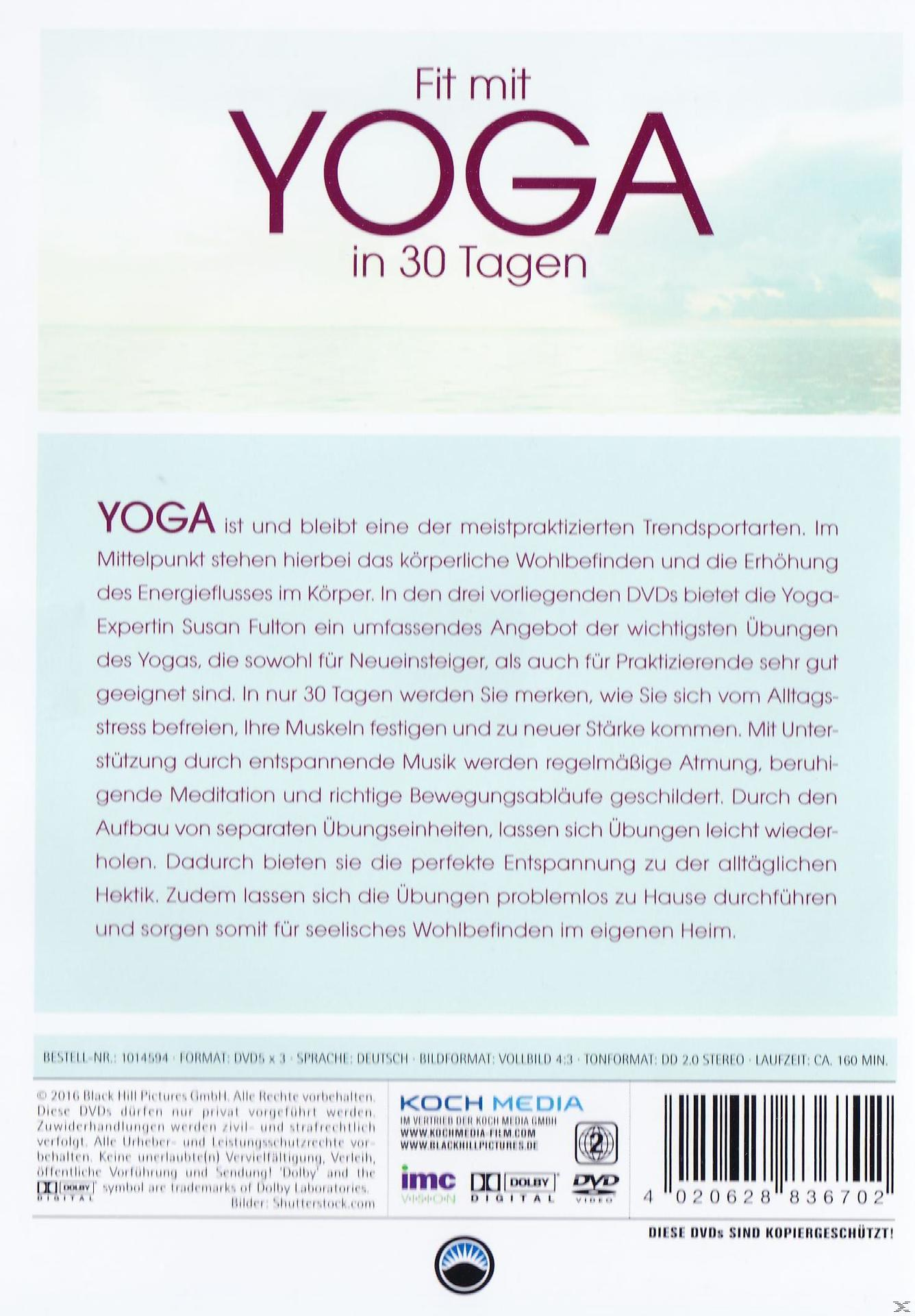 DVD-Cover 'Fit mit YOGA in 30 Tagen'. Text und Bilder zum Thema Yoga und Fitness. Weißer Hintergrund.