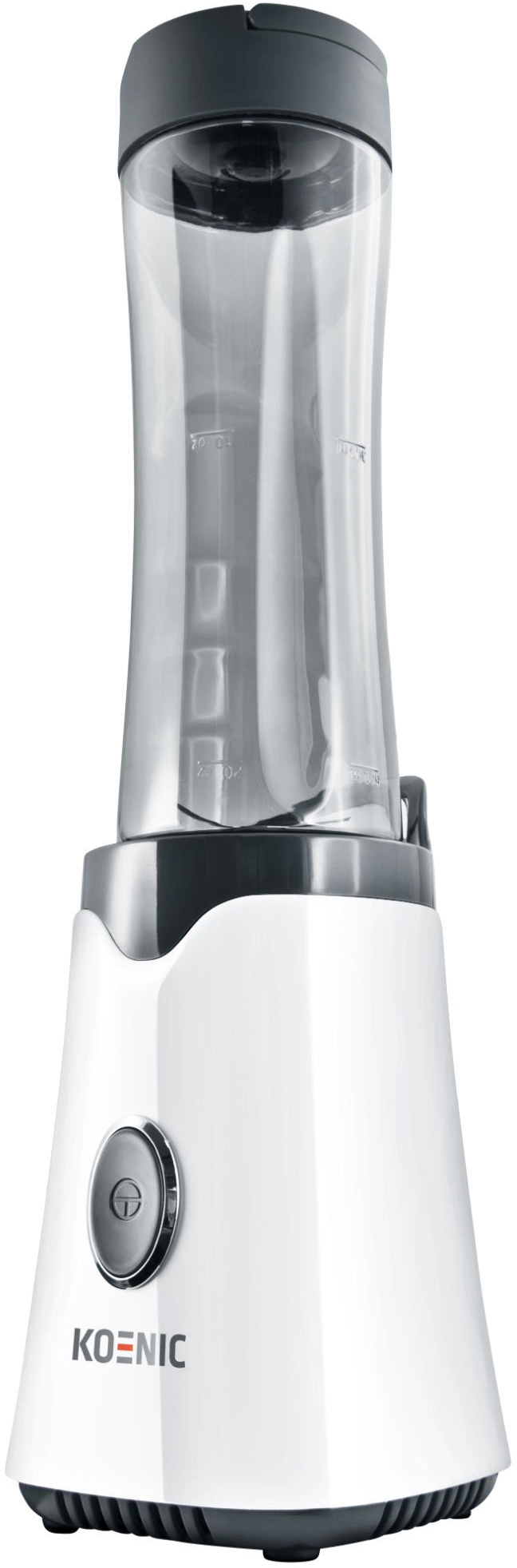 Blender Koenic blanc et gris. Il possède un récipient haut, transparent et un bouton.