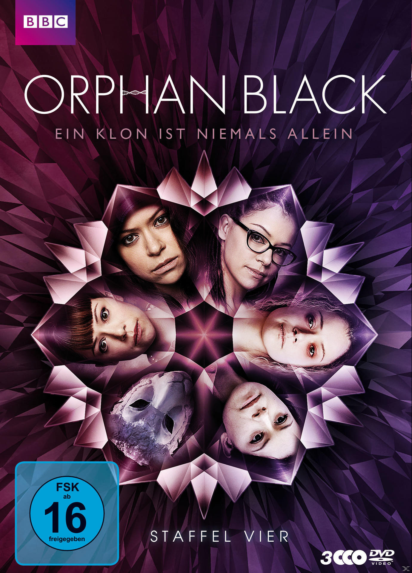 DVD-Cover von Orphan Black mit mehreren Gesichtern um ein zentrales Design.