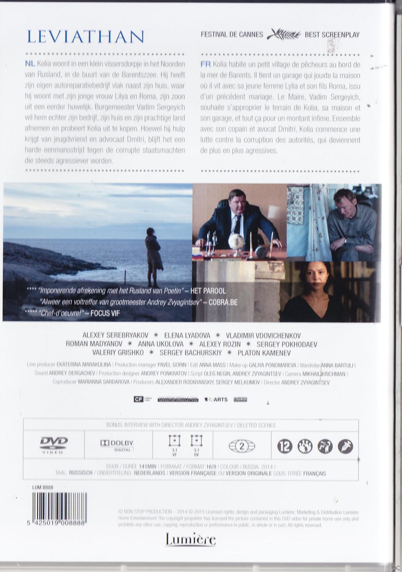 Couverture du DVD du film Léviathan. Texte en plusieurs langues. Acteurs et détails.