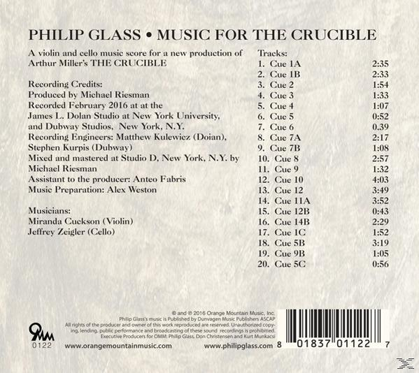 CD-Rückseite mit Titelliste und Credits. Text "Music for the Crucible" von Philip Glass.