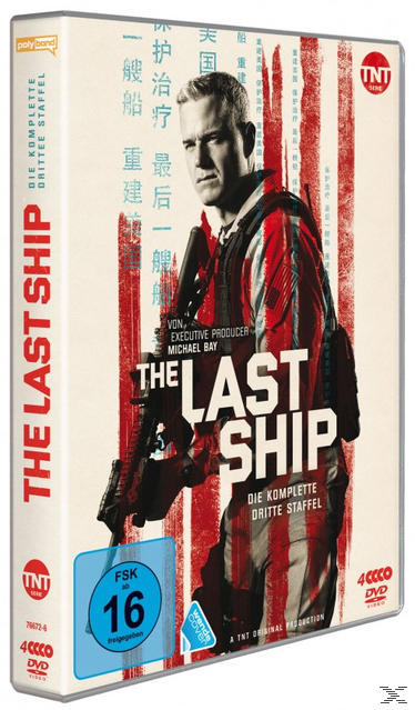 DVD-Cover von The Last Ship, mit einem Mann mit einer Waffe in einer rot-weißen Jacke.
