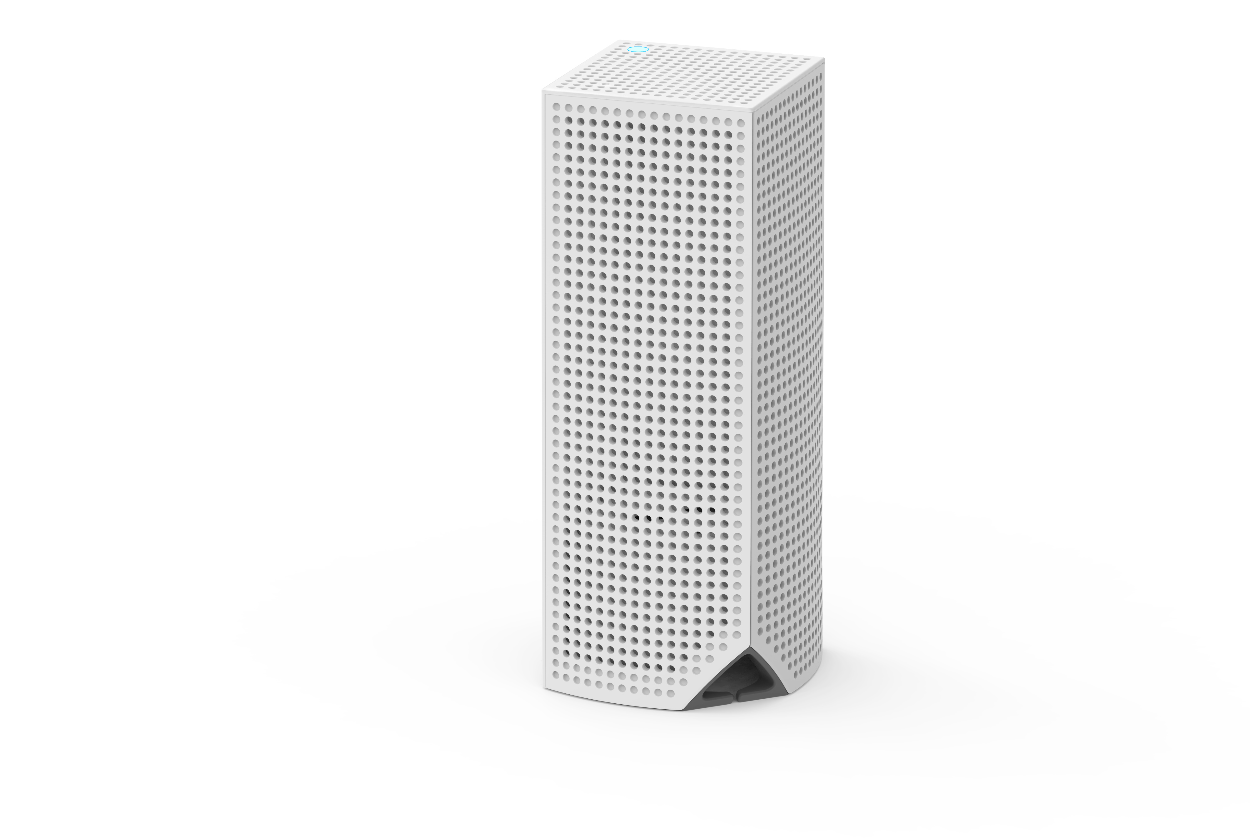 White, perforated, rectangular device. It has a small blue light on top.