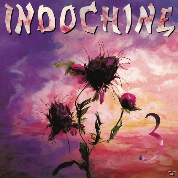 Album cover. Three flowers with thorns on stems in front of purple sky with Indochine title and number 3.