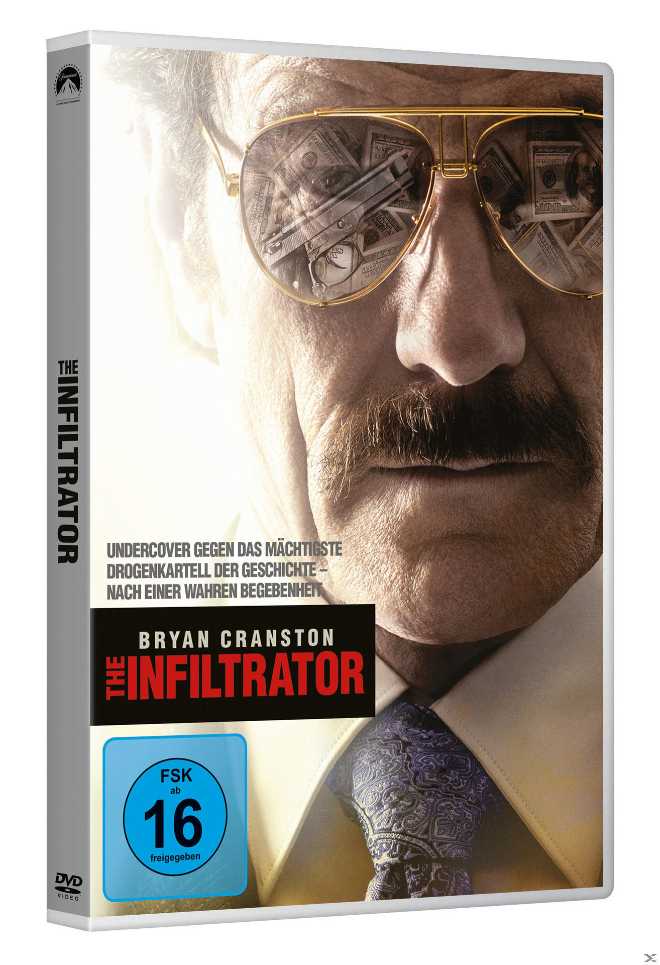 DVD-Cover, Nahaufnahme eines Mannes mit Sonnenbrille. Titel: The Infiltrator. Bryan Cranston. Der Film handelt von Drogenkartellen.