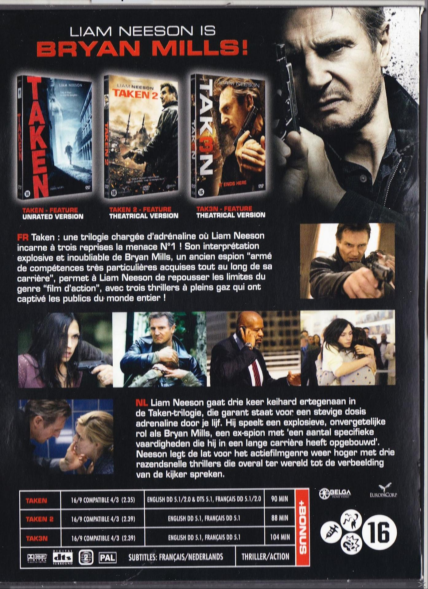 Jaquette DVD pour la trilogie Taken. Liam Neeson avec une arme. Comprend plusieurs couvertures.
