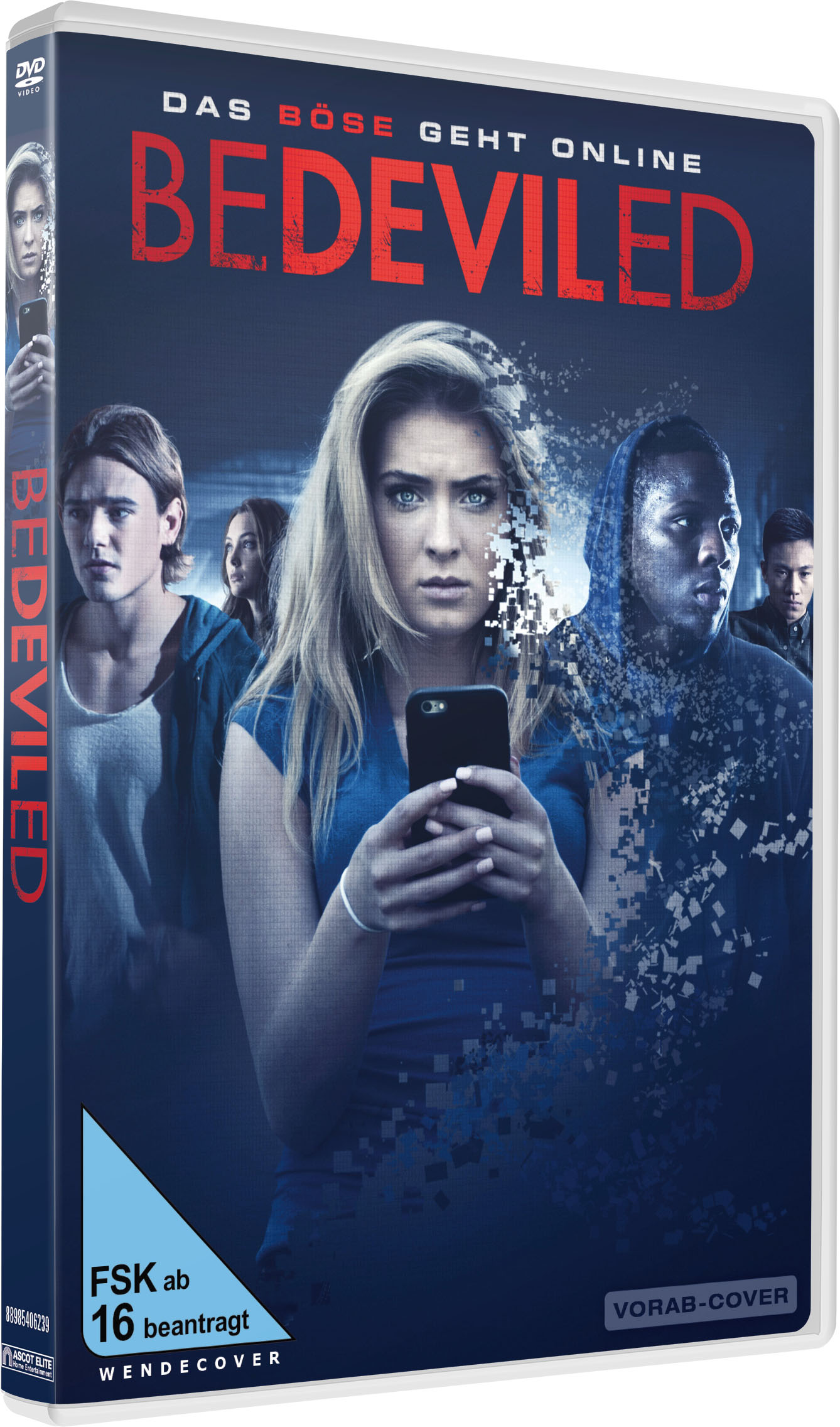 DVD-Cover für den Film Bedeviled. Zeigt eine Gruppe von Teenagern, die auf ein Telefon schauen.