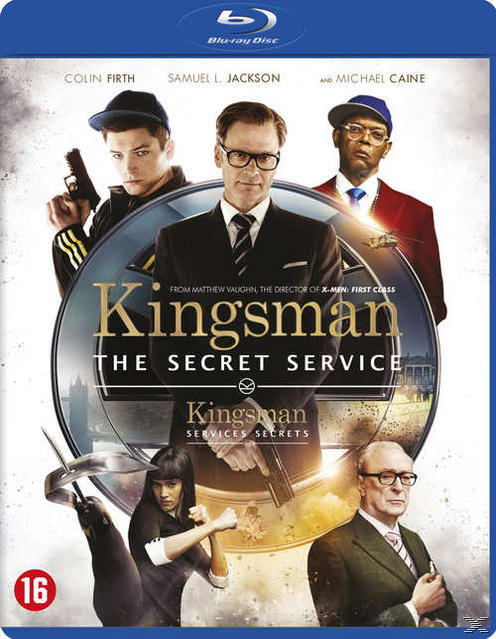Blu-ray-cover: Acteurs met geweren. Titel: Kingsman. Secret Service.