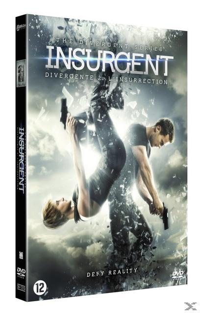 DVD-hoes van 'Insurgent' met twee mensen in de lucht die pistolen vasthouden. Tekst: Defy reality.