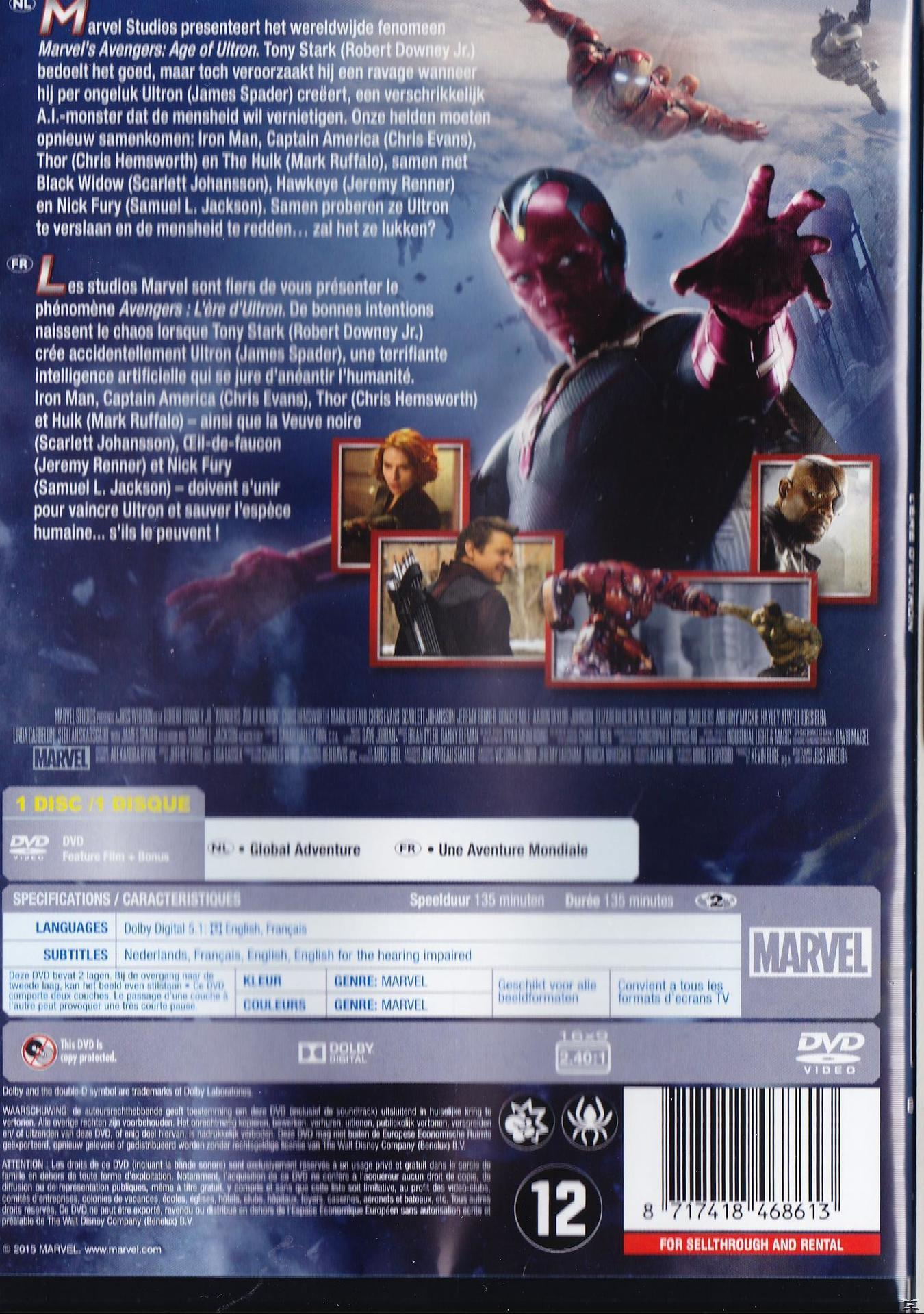 Boîtier DVD : Verso d'un DVD avec texte en néerlandais et français. Marvel's Avengers: Age of Ultron.