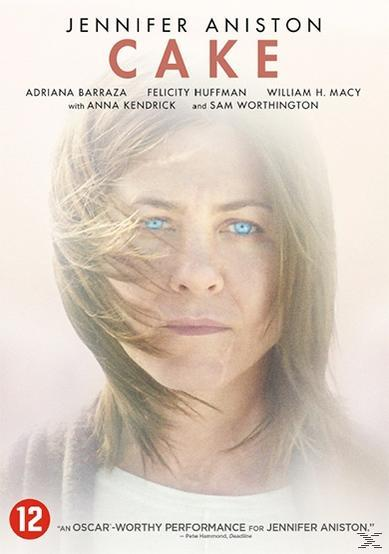 Affiche du film 'Cake'. Comprend le visage de Jennifer Aniston au centre, avec ses yeux concentrés, et du texte au-dessus et en dessous.