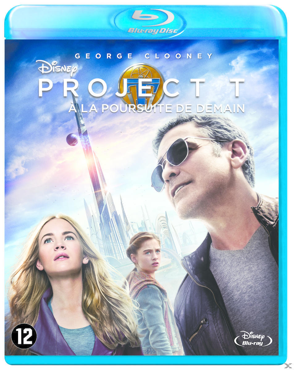 Blu-ray-hoes: George Clooney, jonge vrouw, jong meisje, titel 'Project T' in het Frans, Disney-logo.