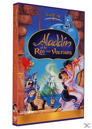 Aladdin en de Koning der Dieven DVD-hoes. Personages zijn Aladdin, Jasmine en Genie. Cartoonstijl.