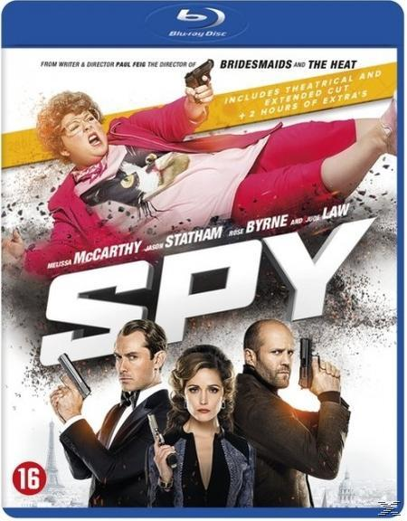 Couverture DVD de 'Spy'. Melissa McCarthy, Jude Law, Jason Statham. Scène d'action.