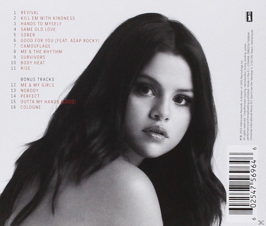 Albumcover. Selena Gomez. Schwarz-Weiß-Foto. Titelliste links. Albumtitel und Details rechts.
