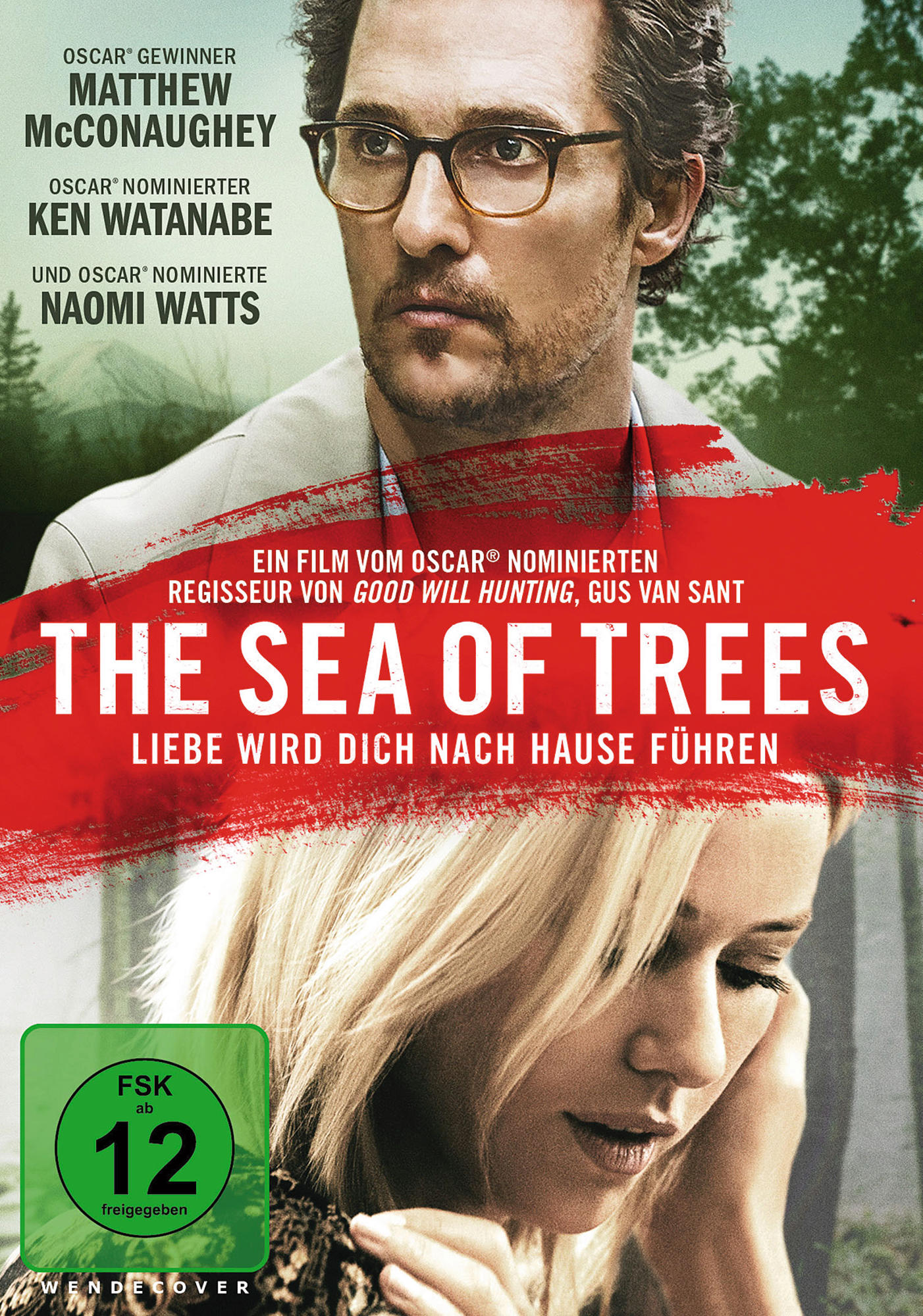 Filmposter. Matthew McConaughey und Naomi Watts nah. Titel: 'The Sea of Trees'. Deutscher Text.