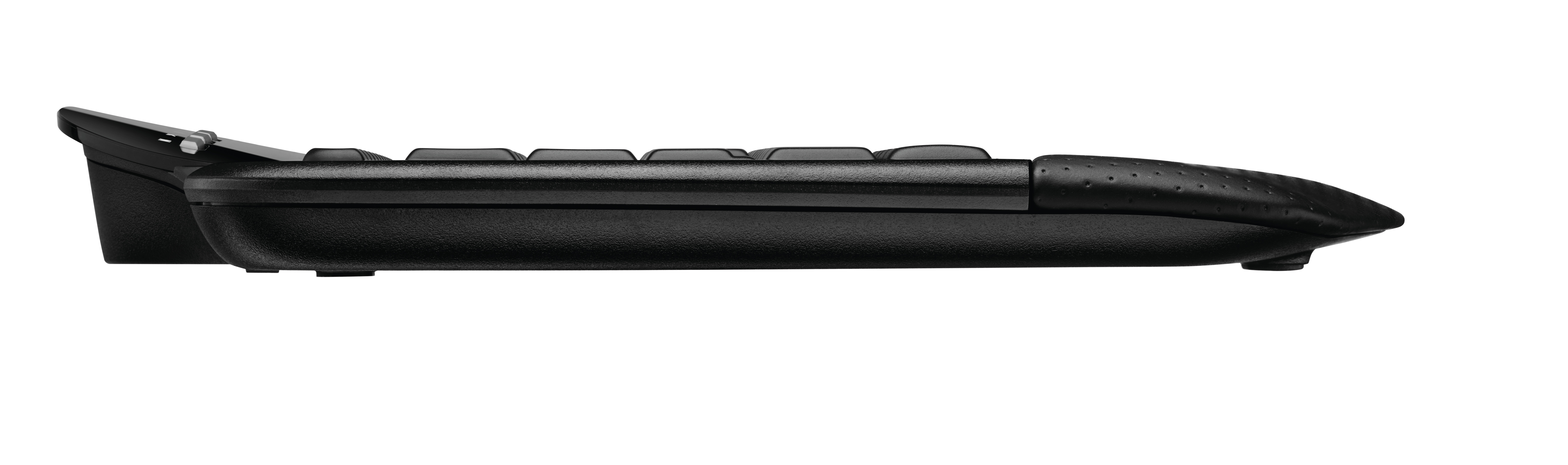 Side view of a black keyboard, angled upwards, white background.
