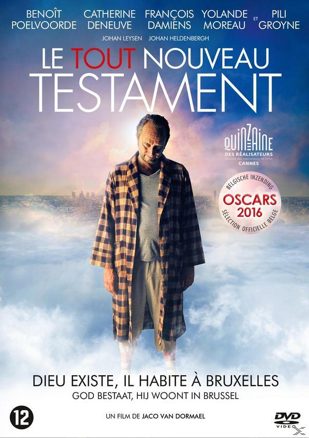 Affiche de film. Homme en robe dans les nuages. Titre : Le Tout Nouveau Testament. Sceau des prix à droite.