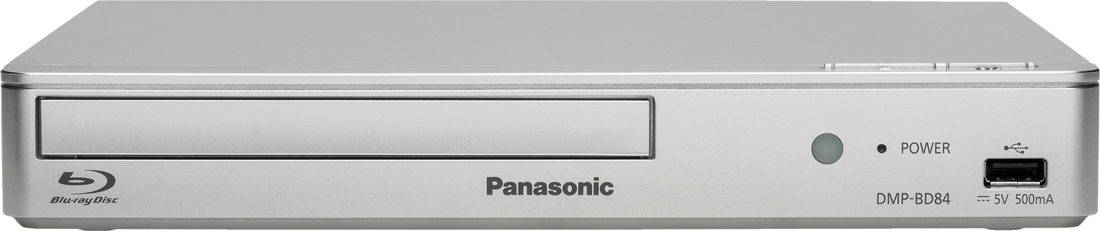 Ezüst Panasonic Blu-ray lejátszó bekapcsológombbal és USB-porttal.