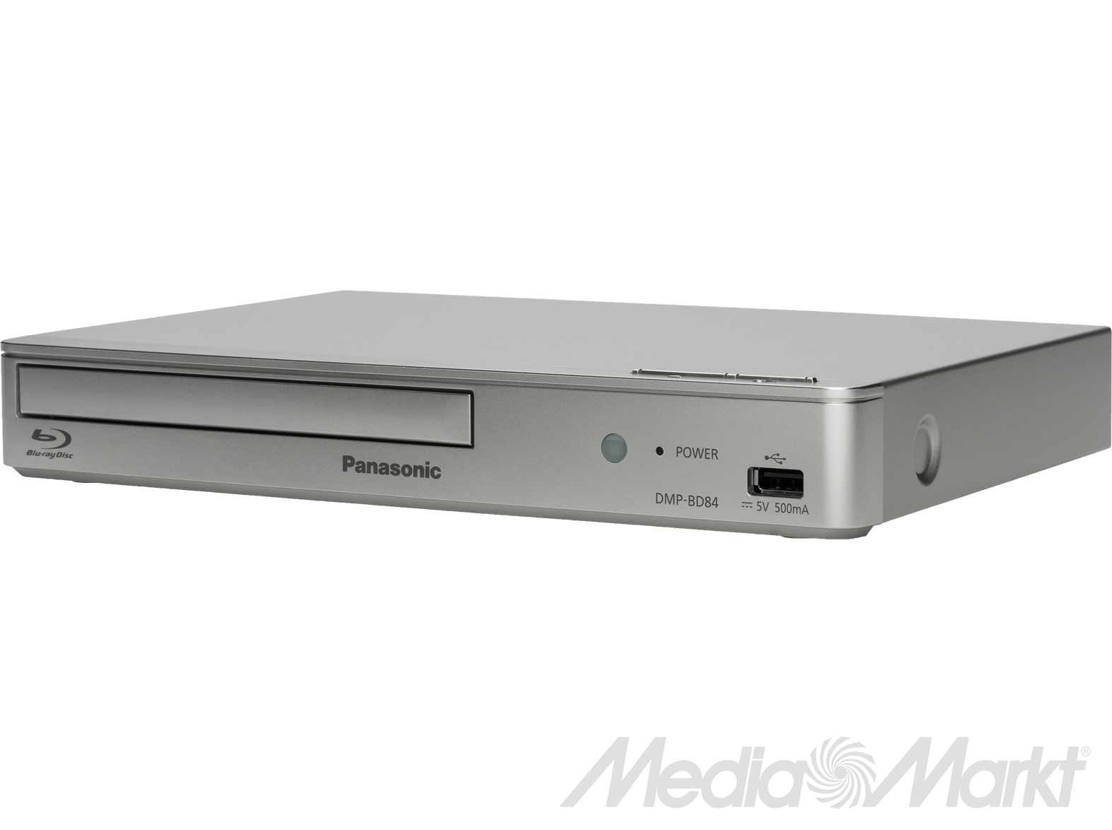 Ezüst Panasonic DMP-BD84 Blu-ray lejátszó, tápellátással és USB porttal.