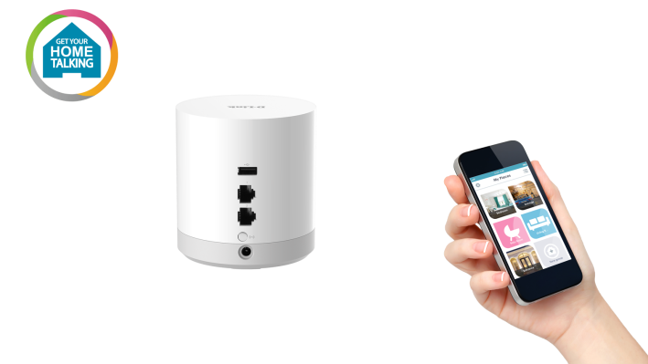 White router, smartphone with app interface, and a 'Get Your Home Talking' logo on a black background.