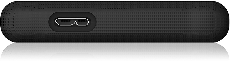Schwarze, strukturierte externe Festplatte mit USB-C-Anschluss.