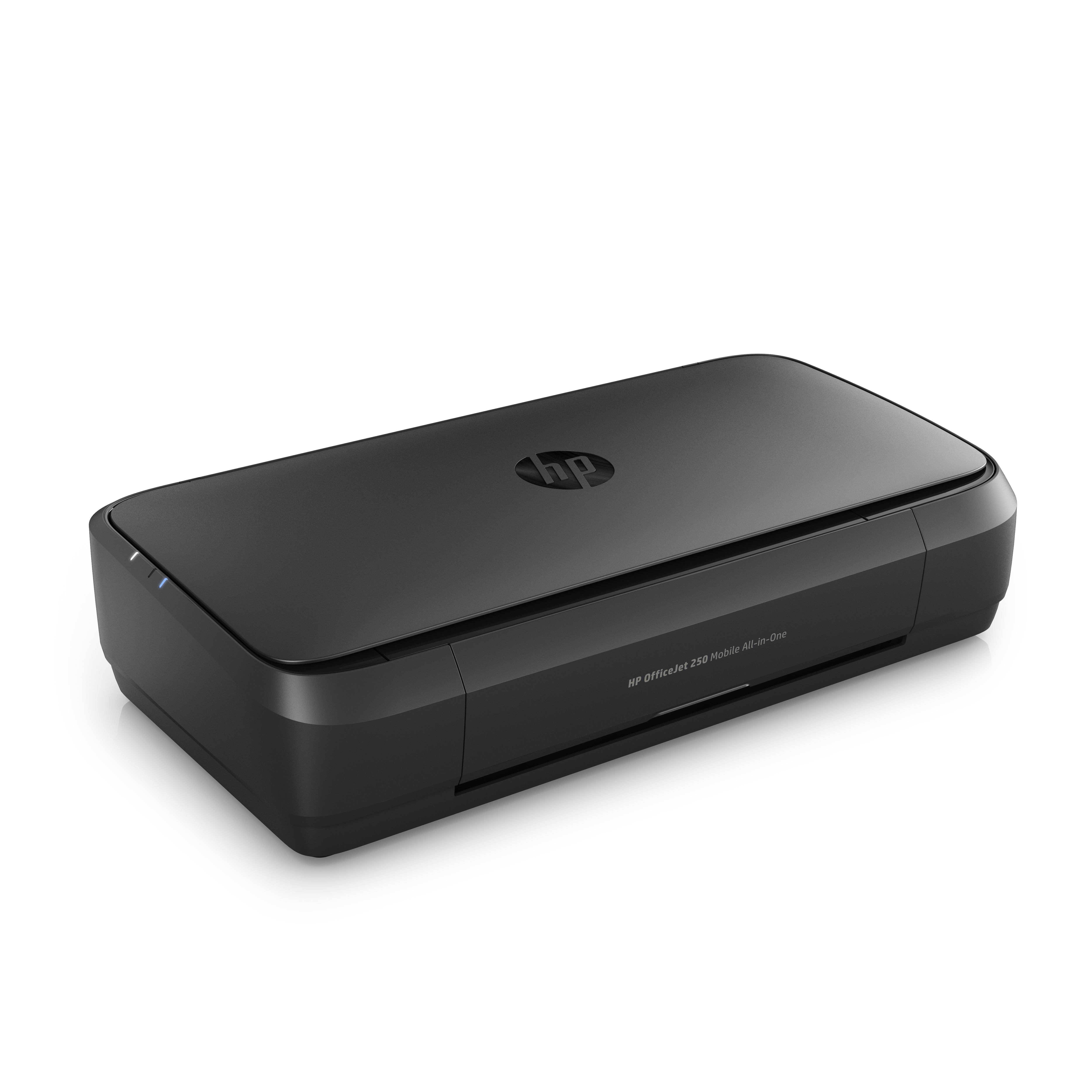 Schwarzer HP OfficeJet 250 Mobile All-in-One Drucker auf weißem Hintergrund.