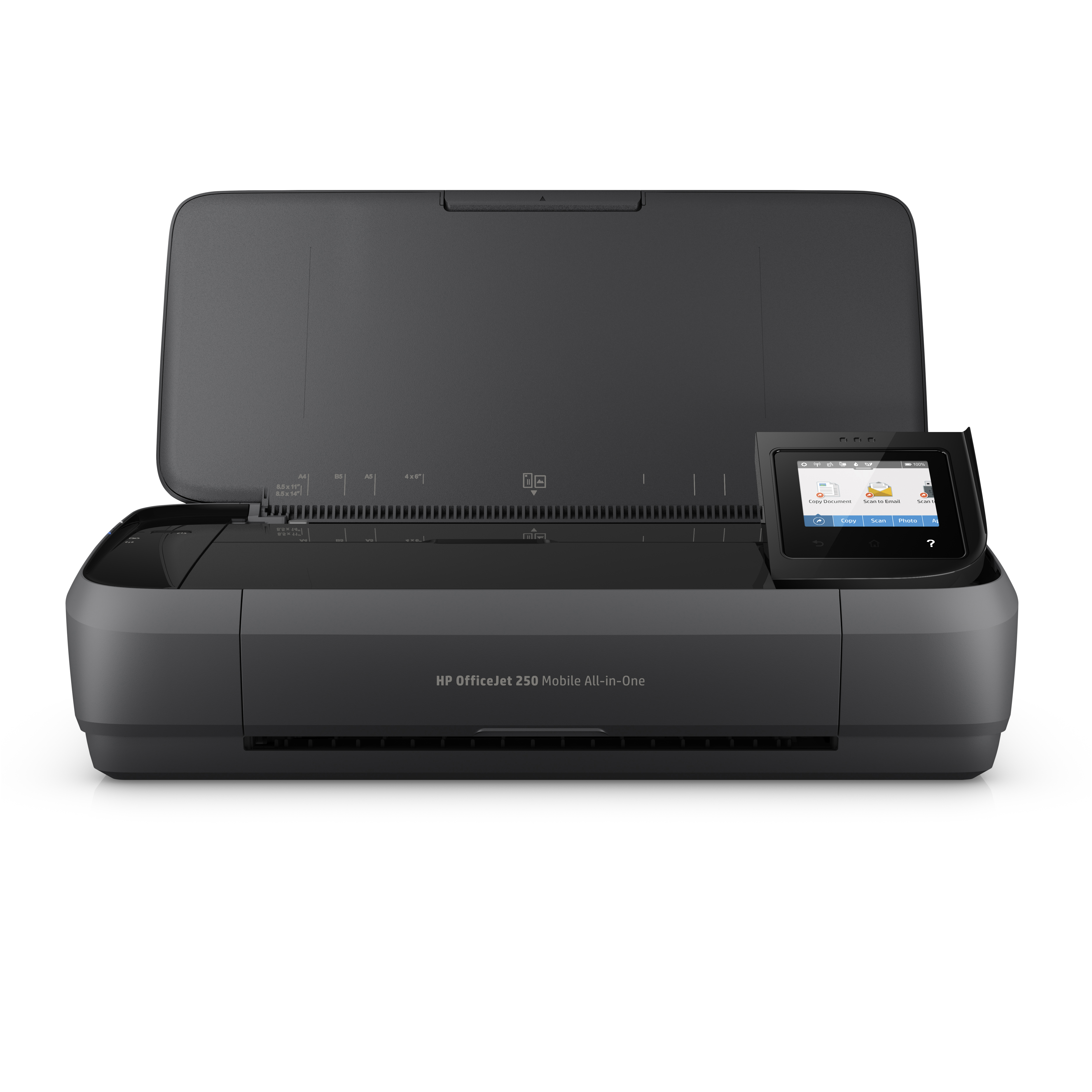 Schwarzer HP OfficeJet 250 Mobile All-in-One Drucker, geöffnet mit sichtbarem Bildschirm.