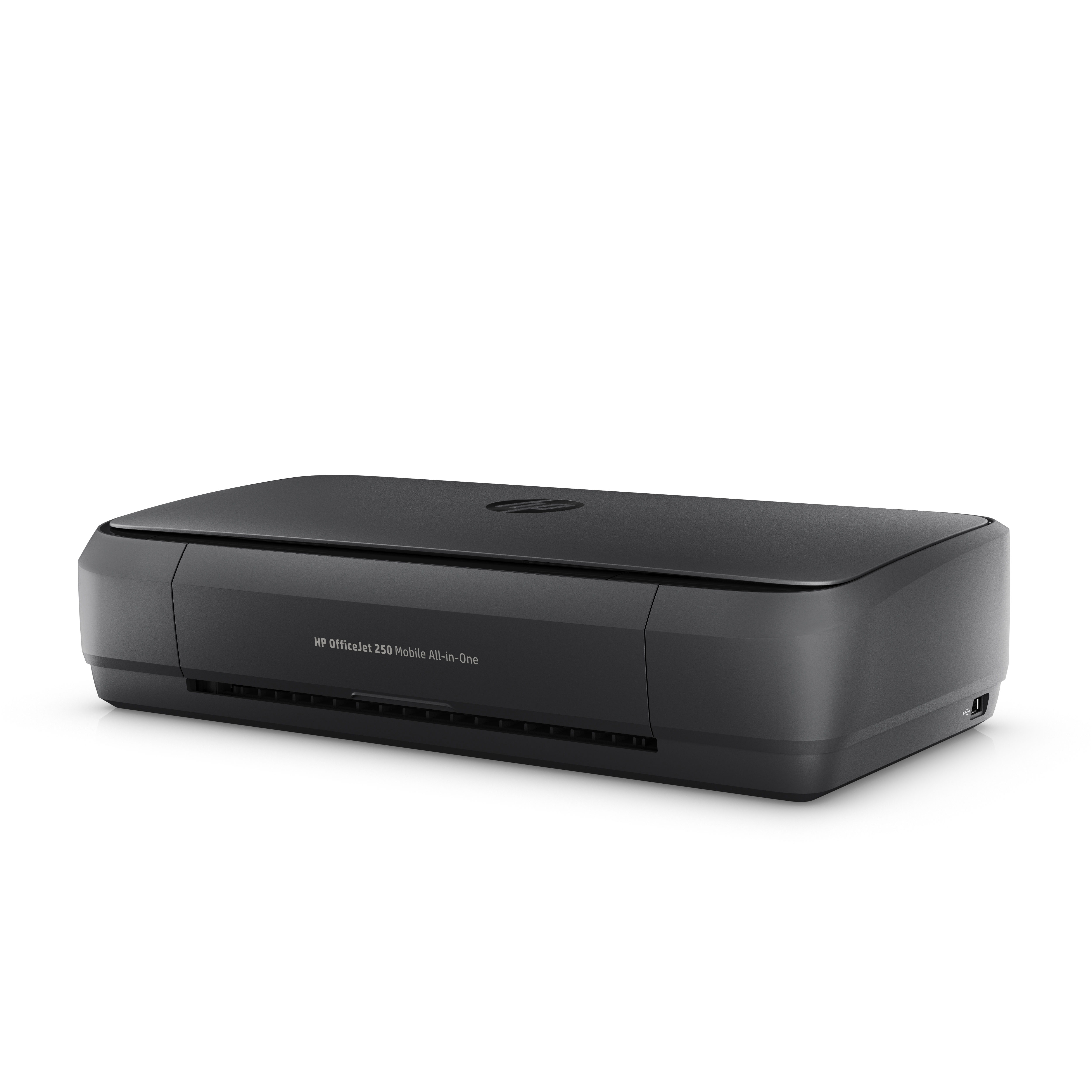 Schwarzer HP-Drucker. Rechteckiges Design, weißer Hintergrund, Oberseite flach.