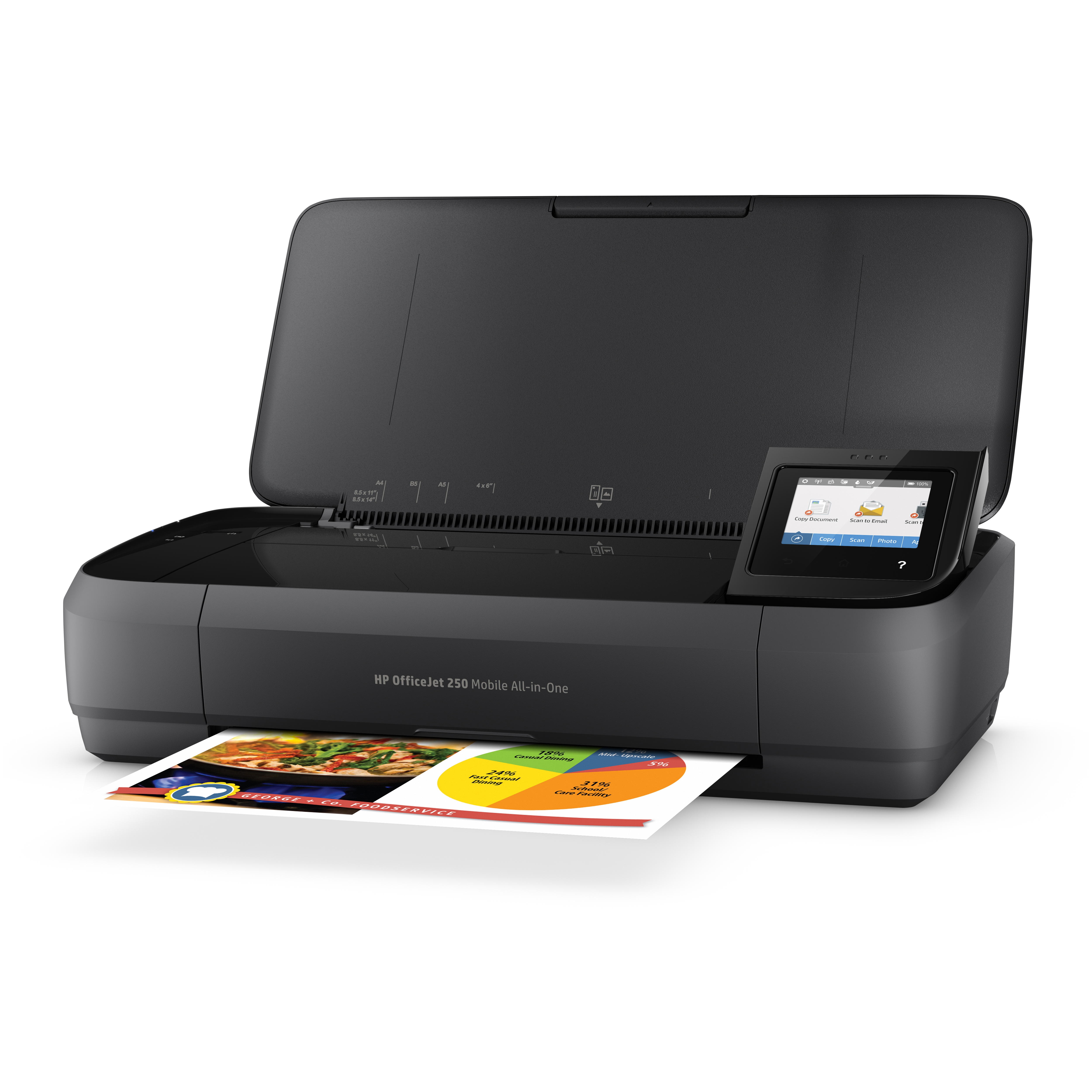 Schwarzer HP OfficeJet 250 Mobile All-in-One-Drucker mit einem Dokumentendruck und der Bildschirm ist eingeschaltet.