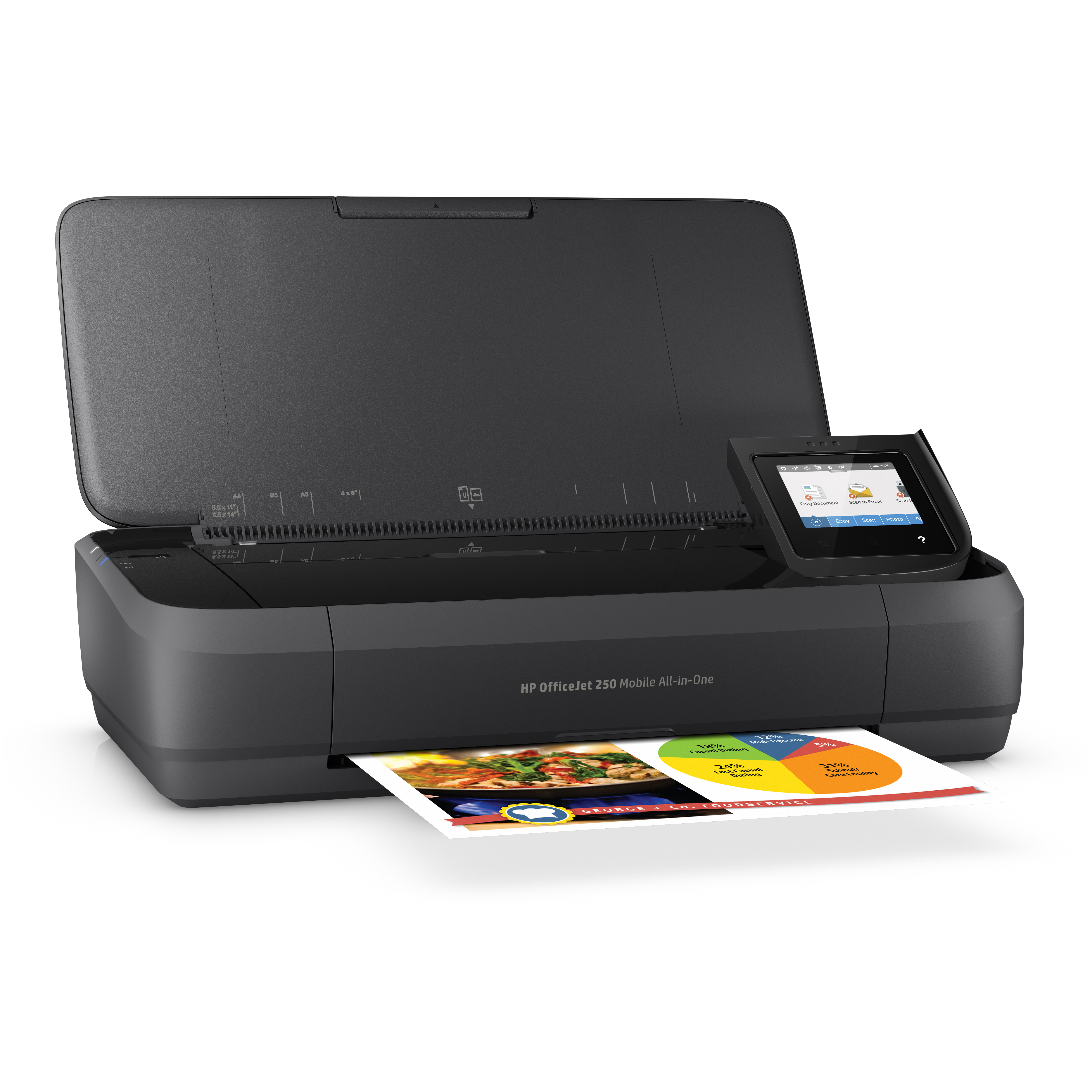 Ein HP OfficeJet 250 Mobile All-in-One Drucker, schwarz, mit einem angezeigten Ausdruck.