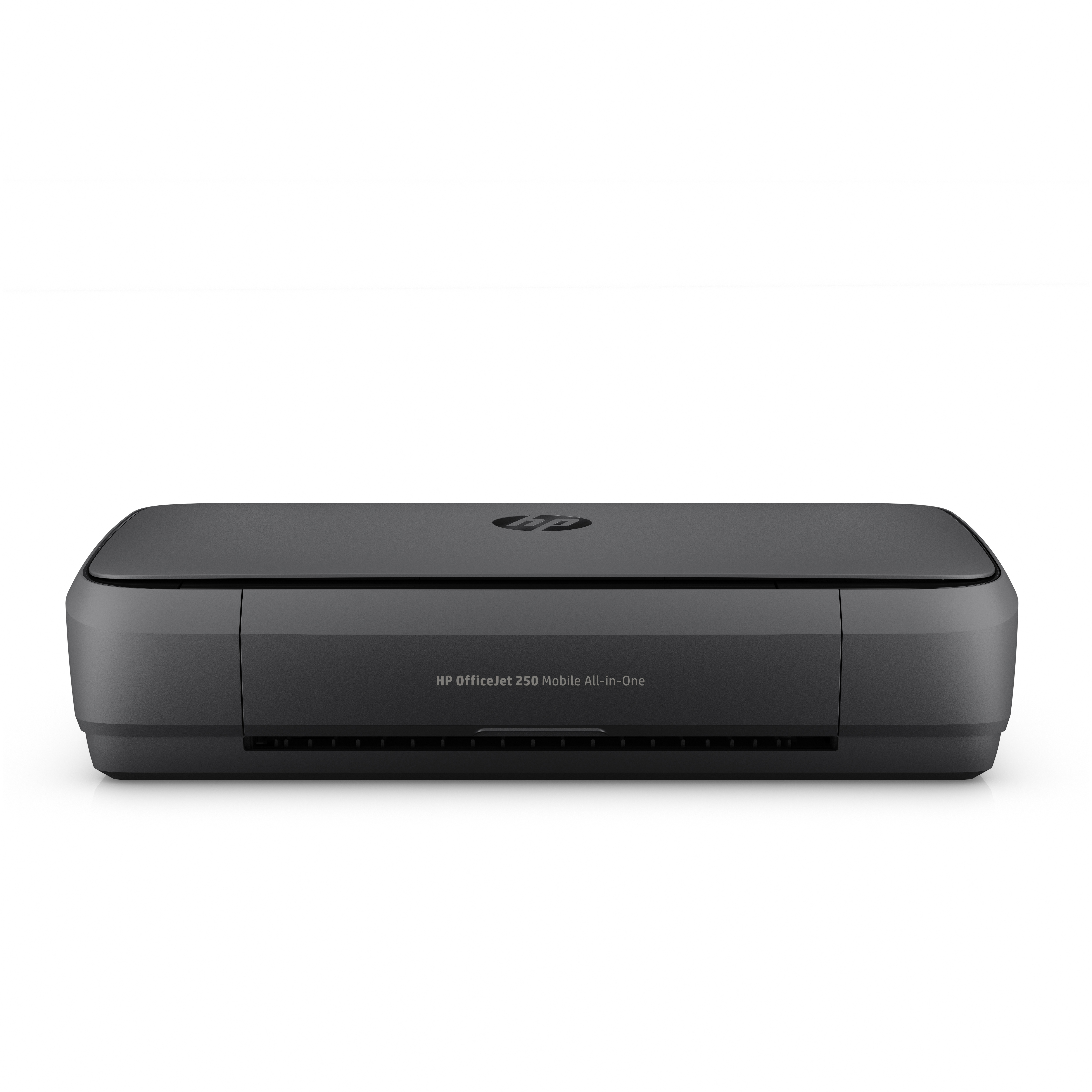 Ein schwarzer HP OfficeJet 250 Mobile All-in-One Drucker. Der Drucker ist rechteckig und flach.