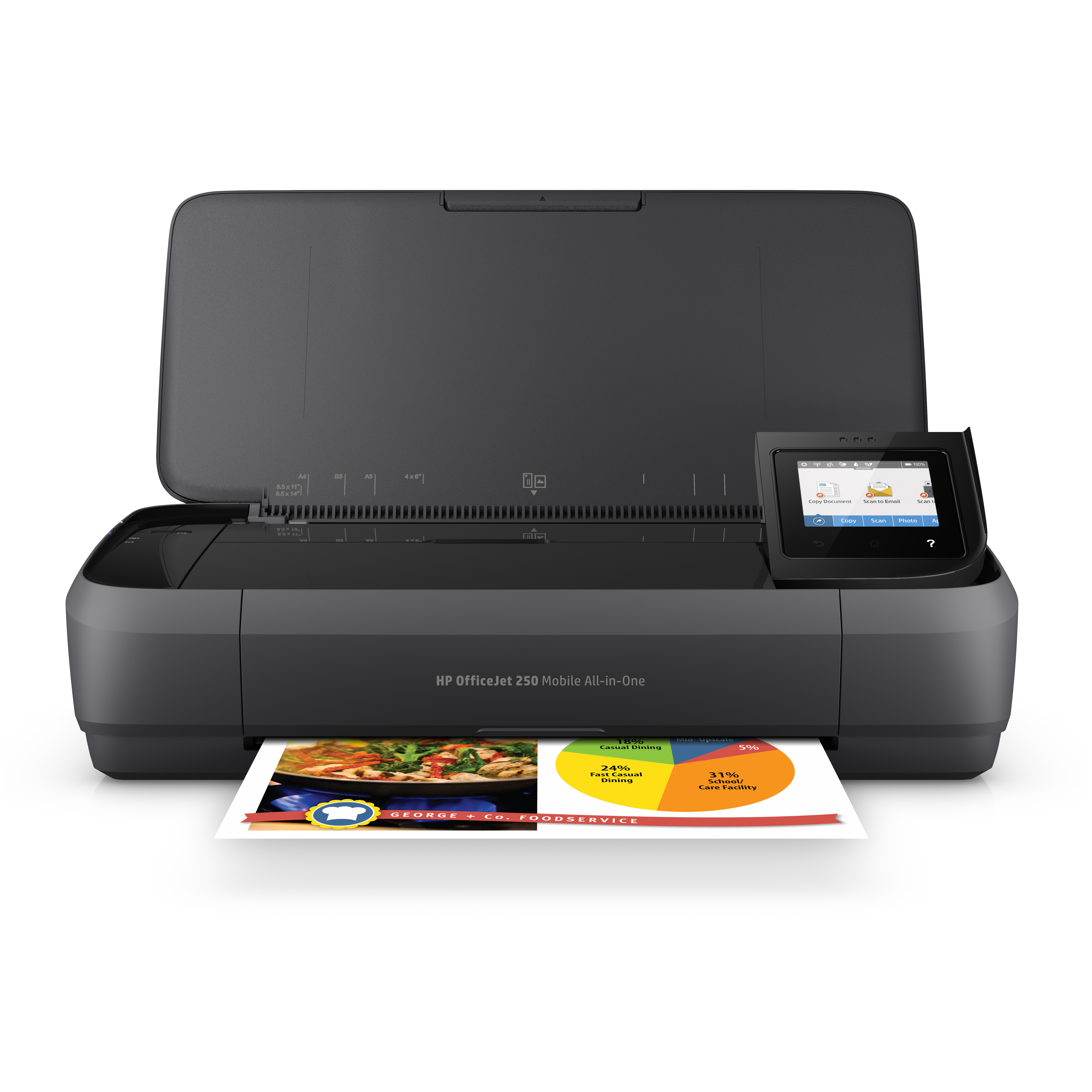 Ein HP OfficeJet Drucker mit einem gedruckten Diagramm. Der Drucker ist offen.