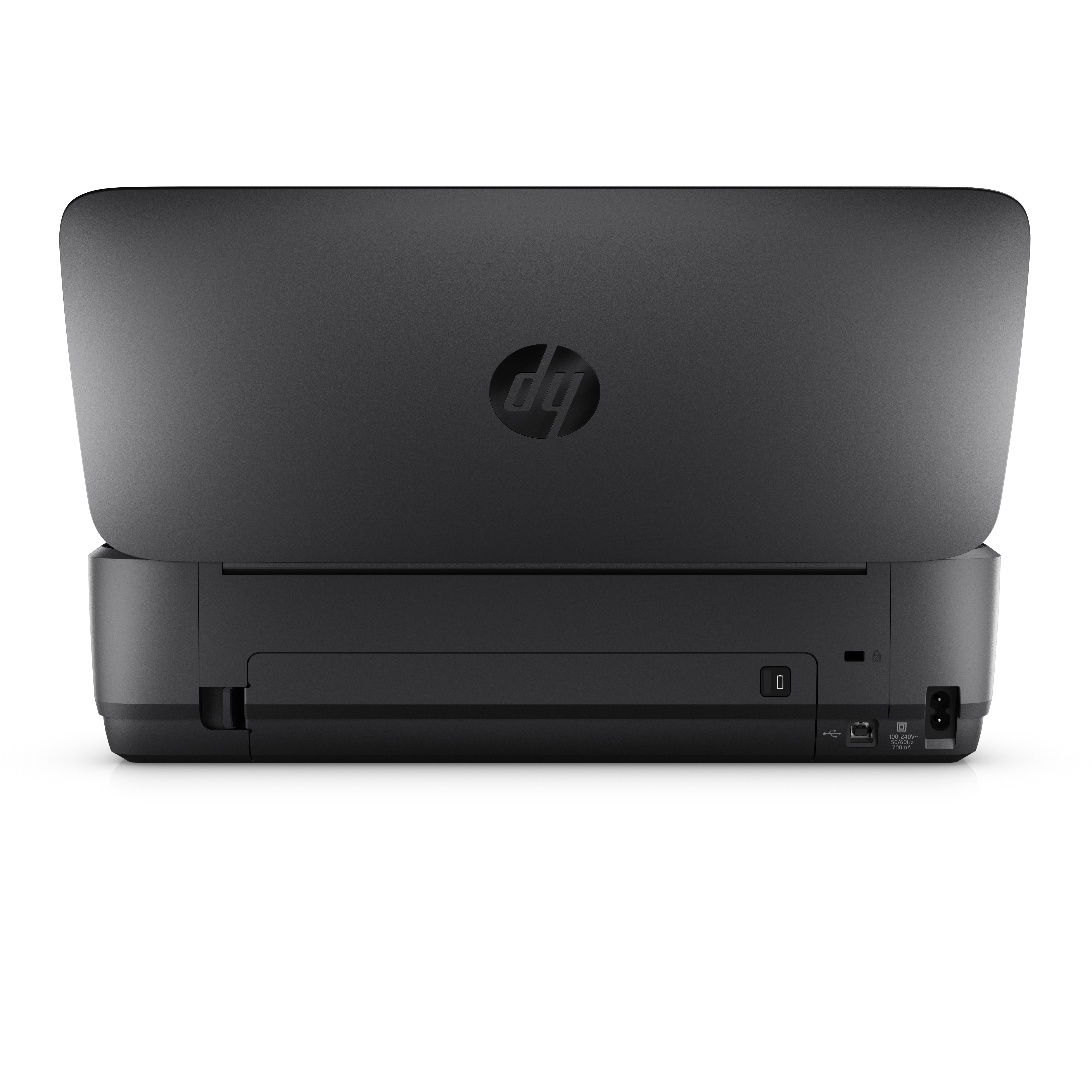 Schwarzer HP-Drucker, die Rückansicht mit geöffnetem Deckel. Das HP-Logo ist sichtbar.
