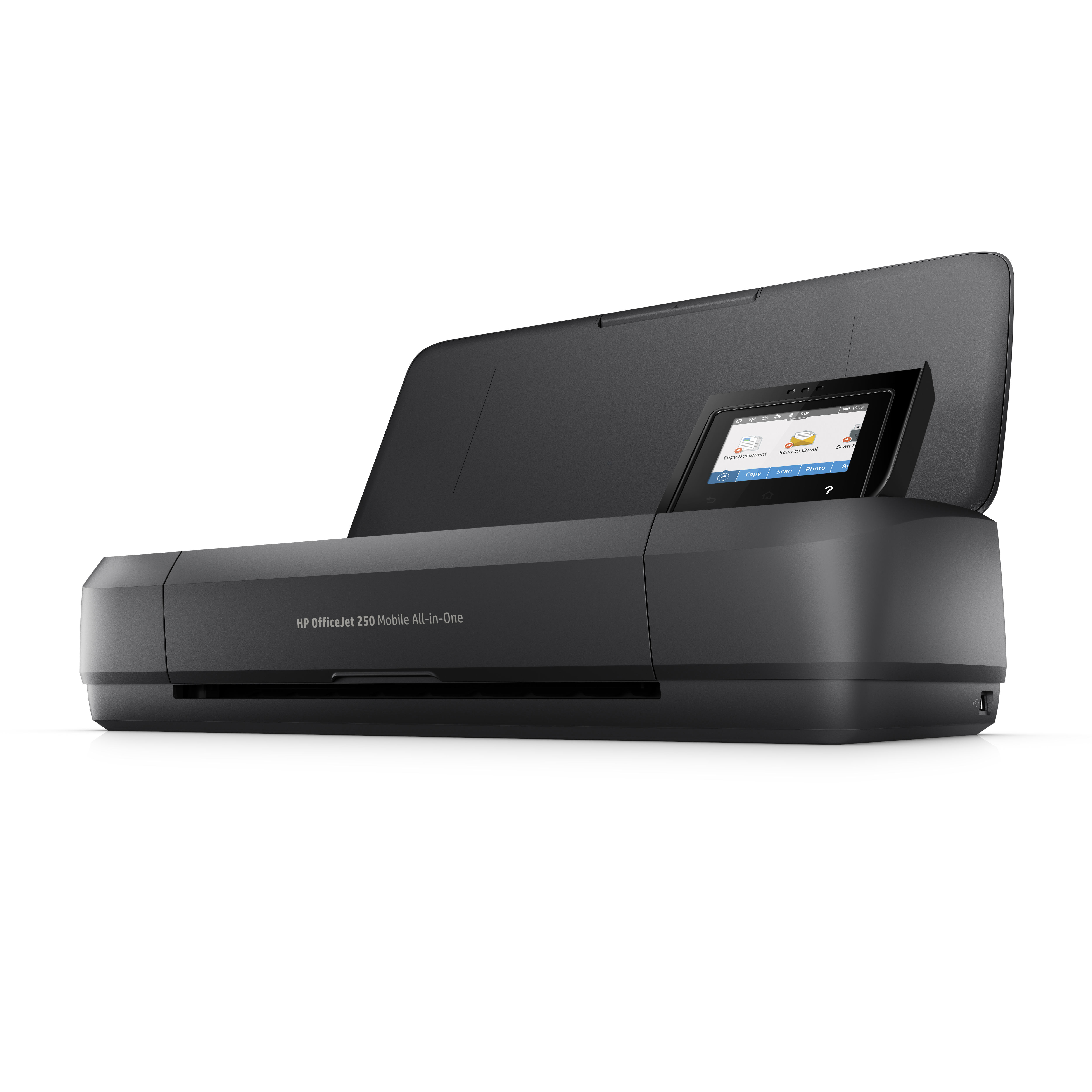 Schwarzer HP OfficeJet-Drucker mit Tablet im Fach. Weißer Hintergrund.