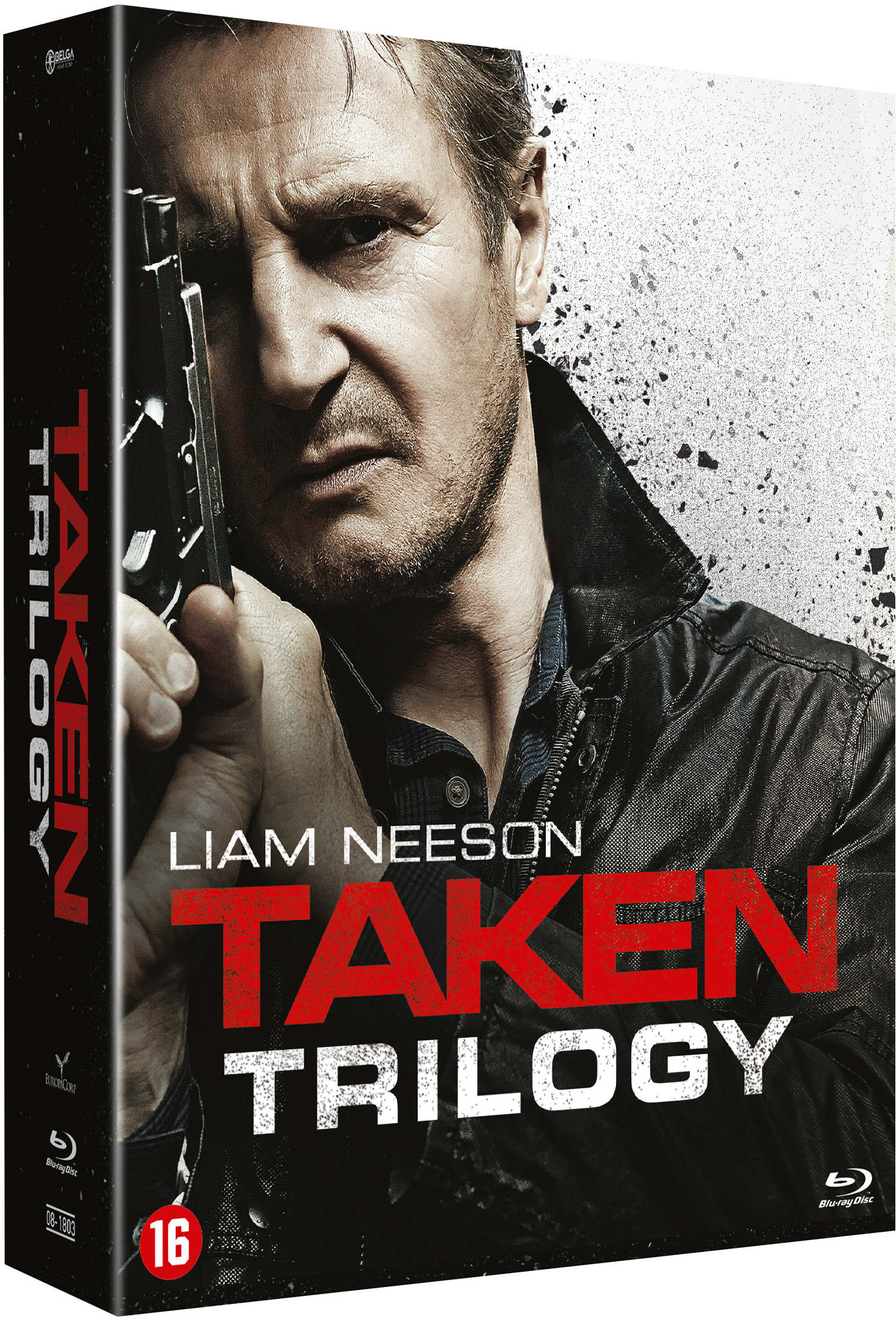 Couverture DVD avec Liam Neeson tenant une arme. Le titre 'Taken Trilogy' est sur la couverture.