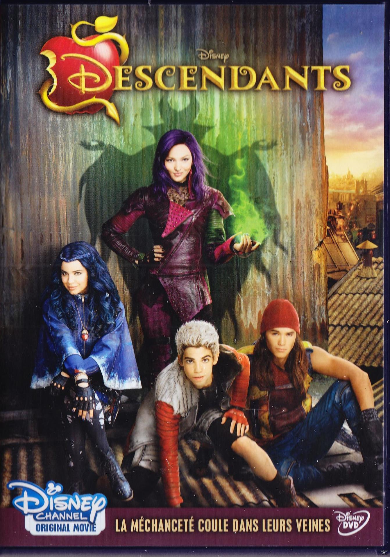 Couverture du film 'Descendants' avec quatre jeunes, deux filles et deux garçons, sur fond violet.