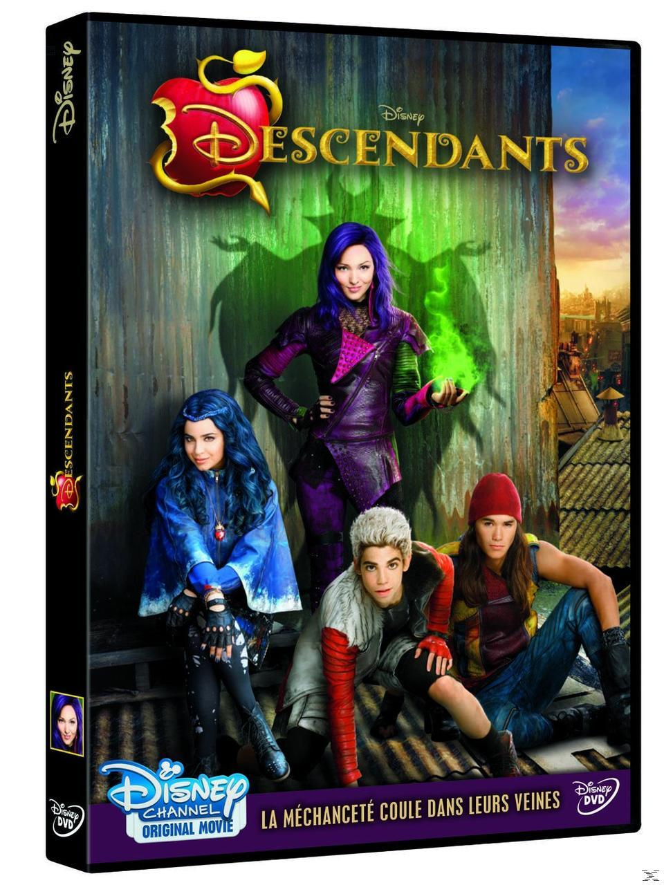 Couverture du DVD de 'Descendants'. Quatre personnages devant un bâtiment avec un effet vert.