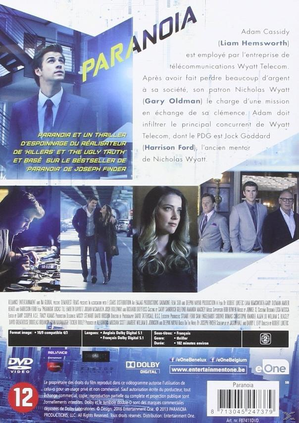 Boîtier DVD : Paranoia. Avec Adam Cassidy, Gary Oldman et Harrison Ford. Le dos montre des extraits de film.