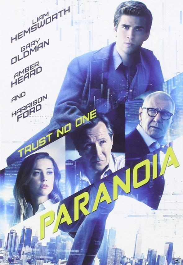 Affiche du film Paranoia. Liam Hemsworth, Gary Oldman, Amber Heard et Harrison Ford sont présentés.