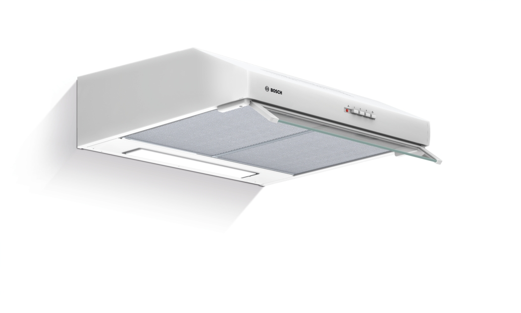 White range hood with a metal mesh filter and glass cover. Bosch logo. Clean, white background.